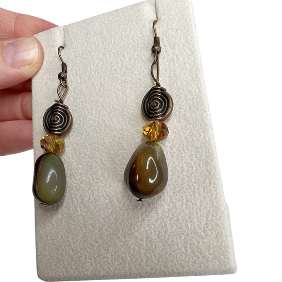 Natural Stone & Antiqued Brass Swirl Amber Faceted Bead Dangle Pierced Earrings - Picture 3 of 8